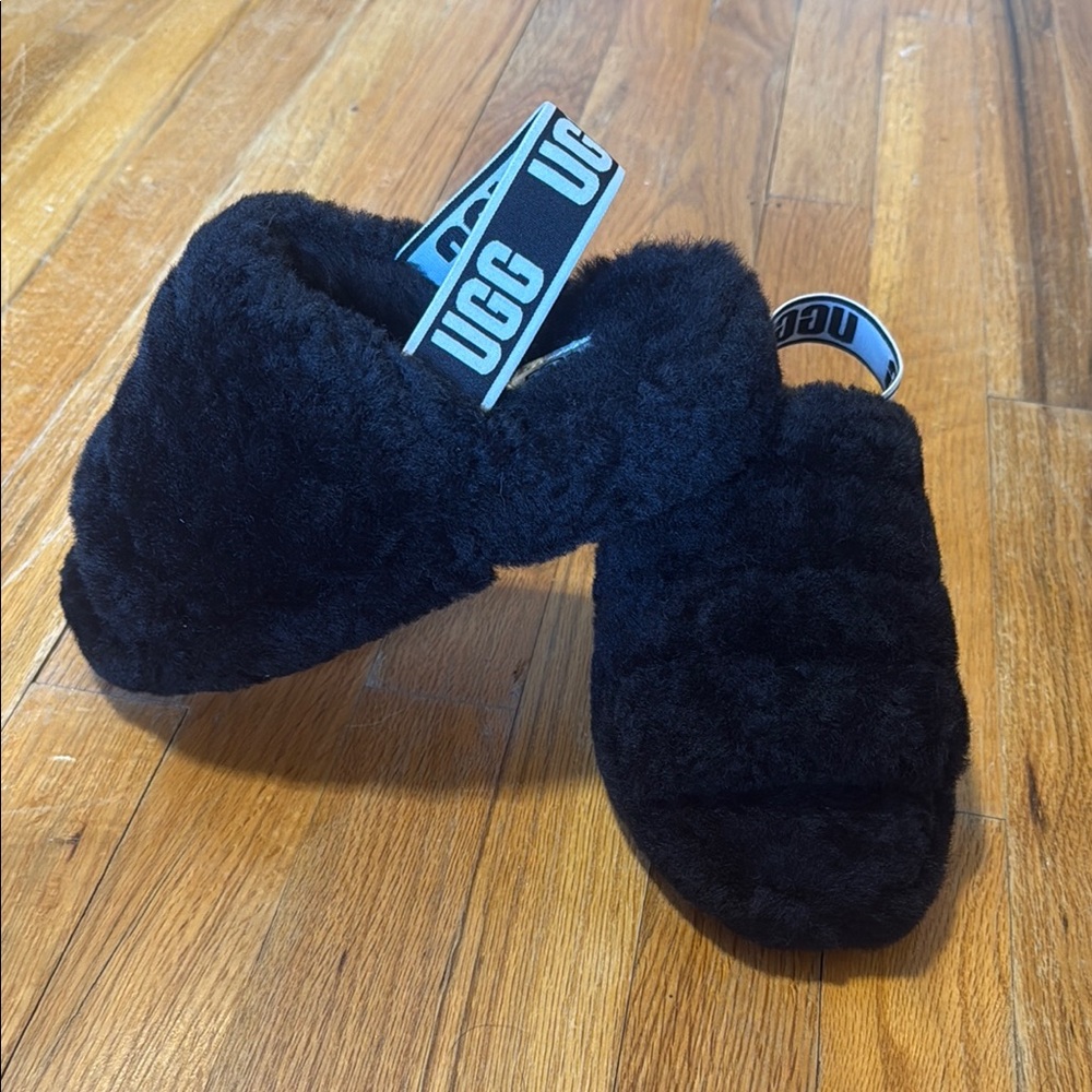 UGG Black Fluffy Slippers